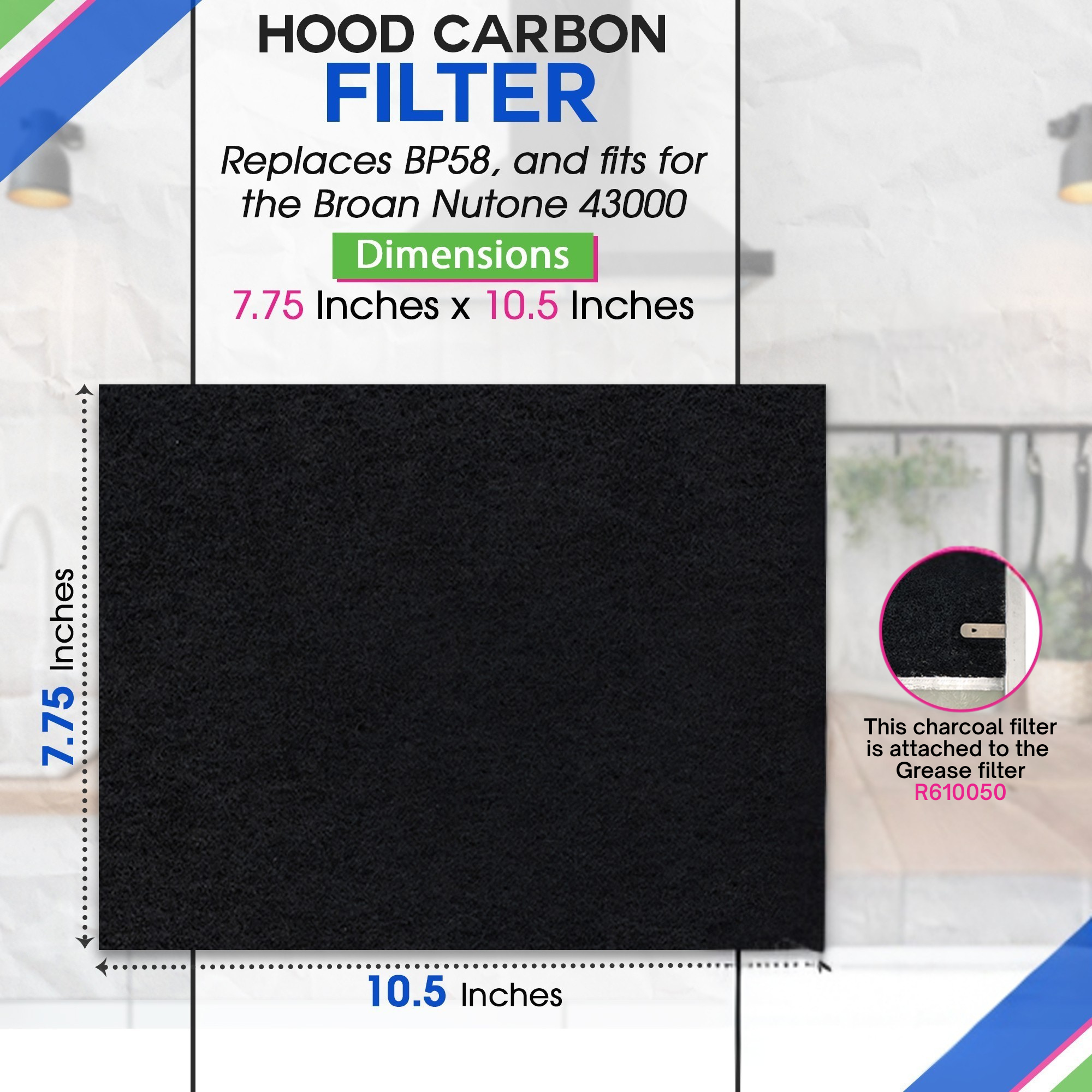 Range Hood Charcoal Filter 7.75” x 10.5” - Fits Broan and Nutone BP58 For 43000 Series Range Hoods - Broan Range Hood Filter Replacement - Carbon Stove Vent Fan Filters Removes Kitchen Odors