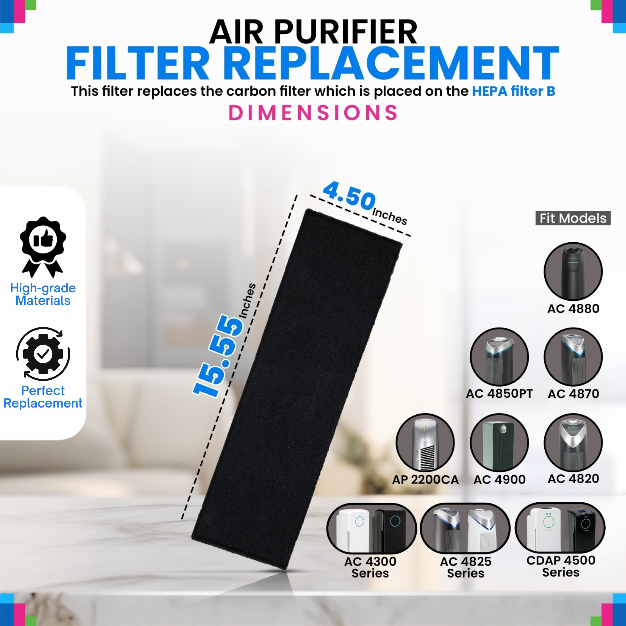 Carbon Pre Filter For HEPA Filter B 15.55" x 4.5" Compatible with GermGuardian AC4900 AC4825 AC4300 CDAP4500 Models GermGuardian Air Purifier Filter Replacement Freshens the Air