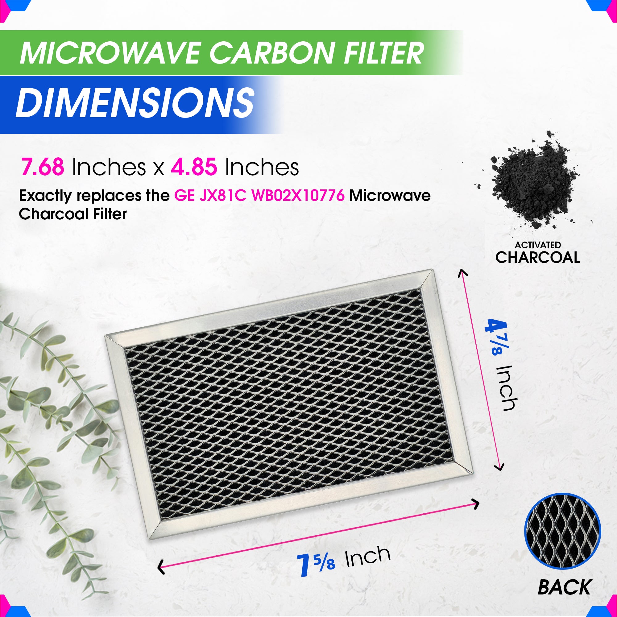 Microwave Filter Replacement 7.68" x 4.85" JX81C WB02X10776 GE Microwave Charcoal Filter - Also Fits LG Kenmore Carbon Filter - Freshens and Filters Kitchen Air in Over the Range Oven Vent Fan