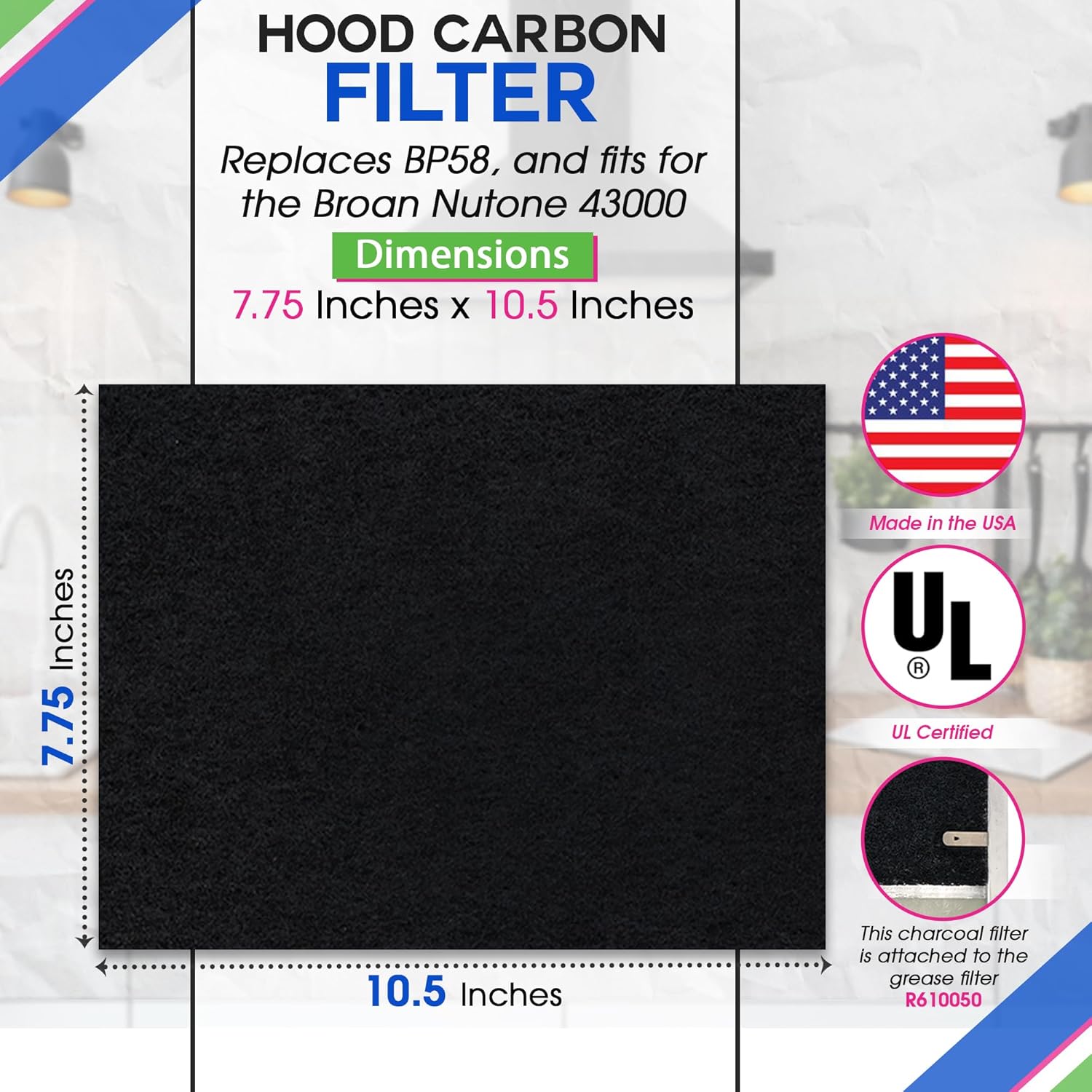 Range Hood Charcoal Filter 7.75” x 10.5” - Fits Broan and Nutone BP58 For 43000 Series Range Hoods - Broan Range Hood Filter Replacement - Carbon Stove Vent Fan Filters Removes Kitchen Odors