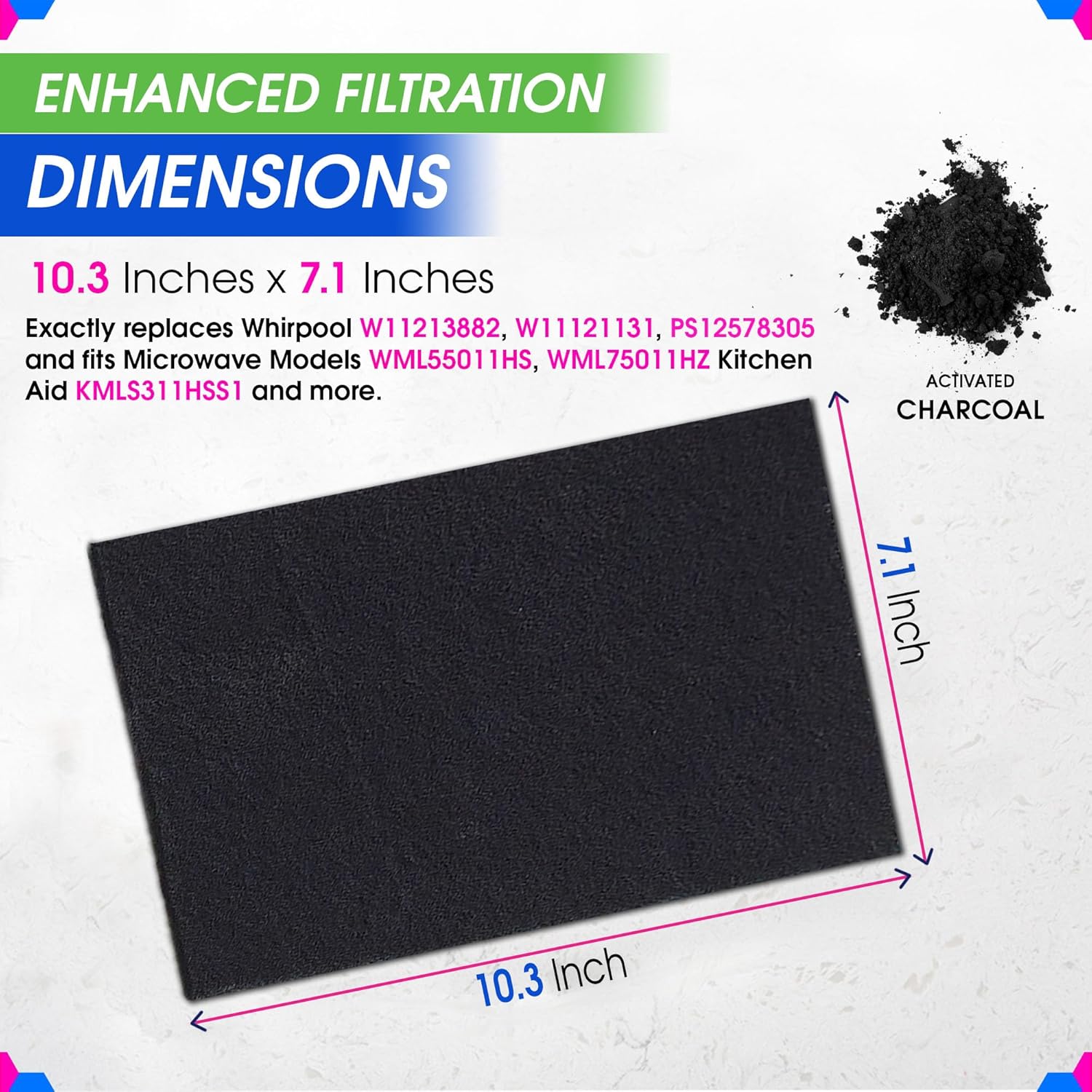 Microwave Vent Filter 10.3" x 7.1" Fits Whirlpool Kitchen Aid KMLS311HSS1 WML75011HZ1 - Whirlpool Microwave Filter Replacement Sheet - Activated Charcoal Filters Removes Odors and Freshens the Air
