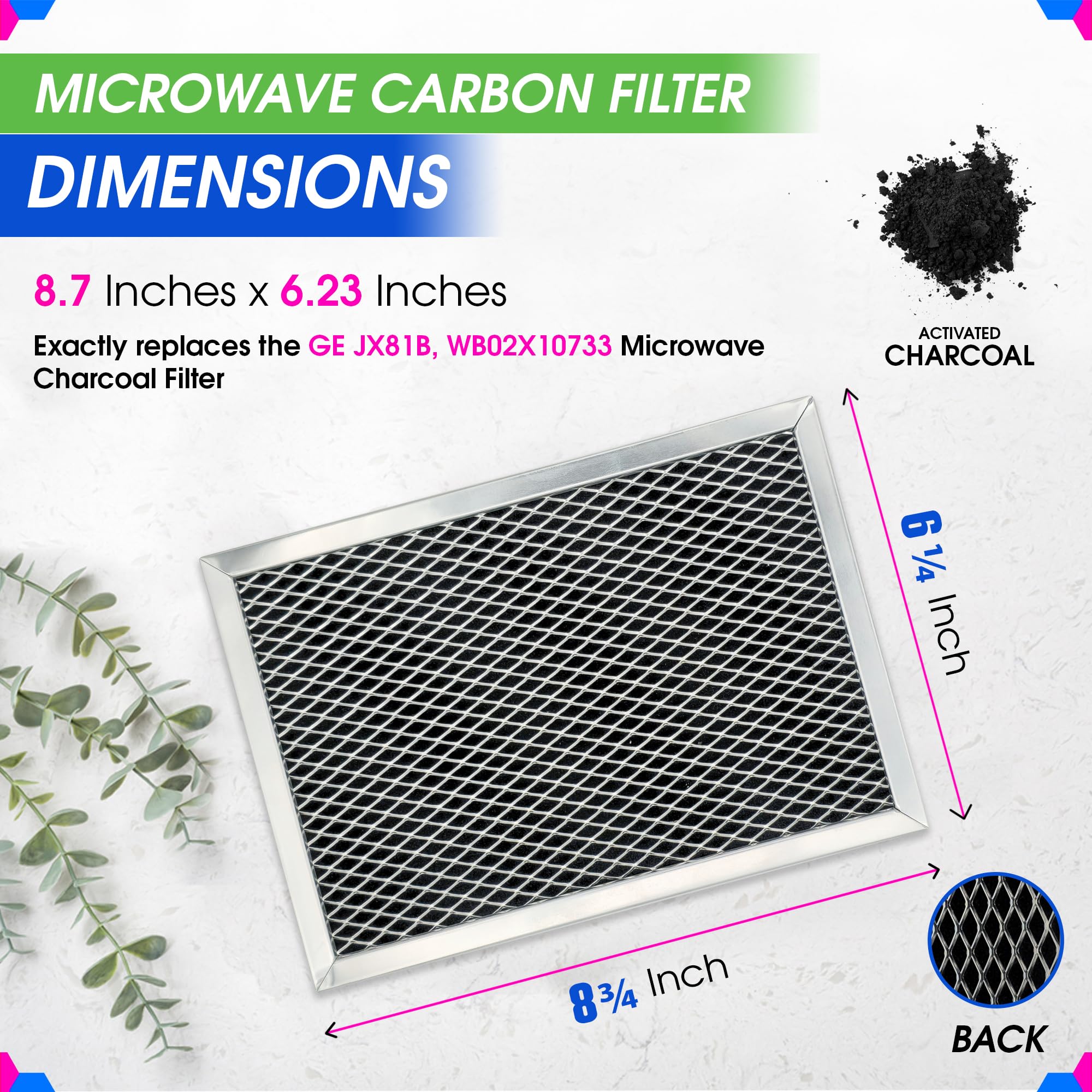 Microwave Charcoal Filter 8.7” x 6.23”- JX81B WB02X10733 GE Microwave Filter Replacement- Carbon Charcoal Filter for Microwave Filters Kitchen Air - Microwave Hood Vent Filter Absorbs Odors