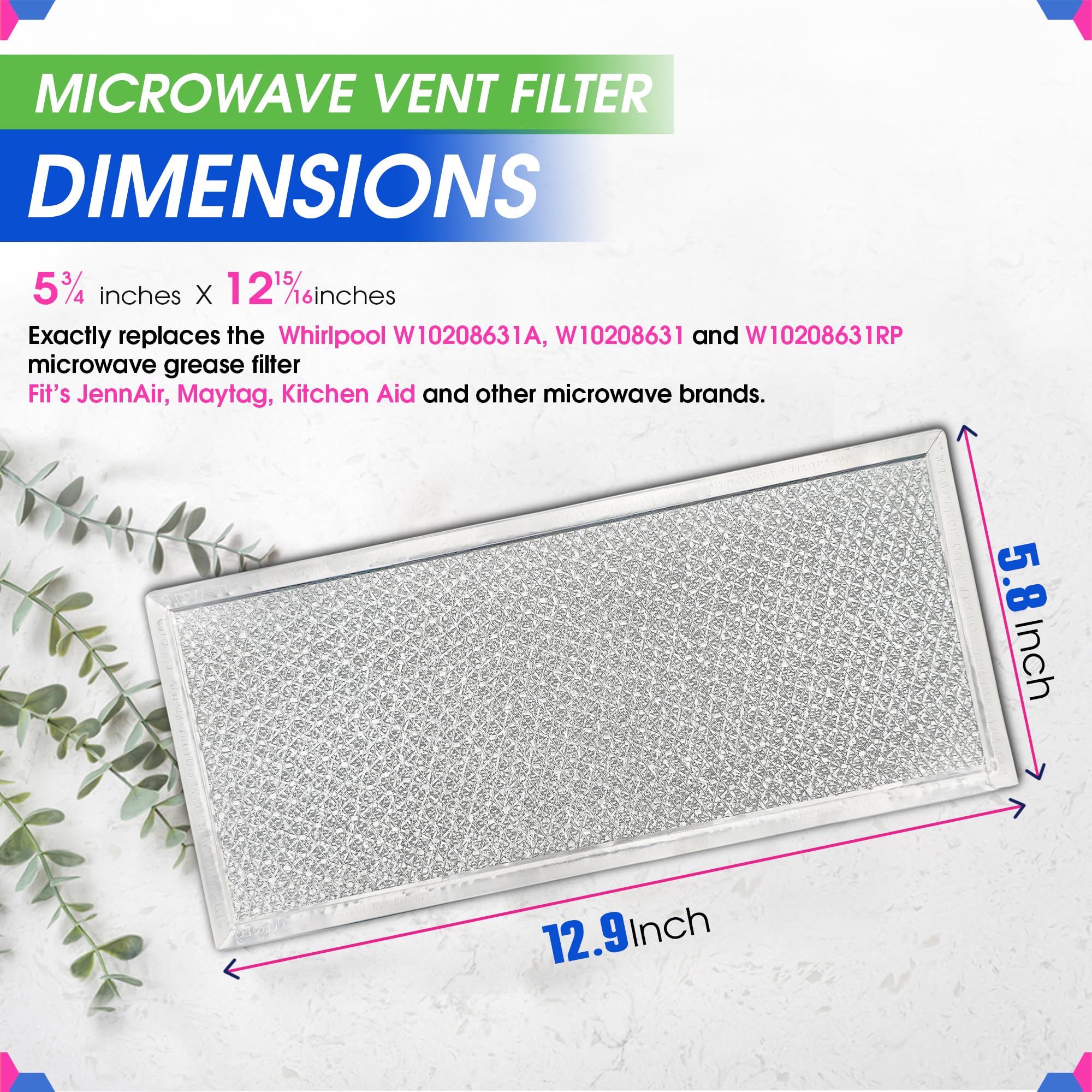 Microwave Filter Replacement 5.78" x 12.91" Fits W10208631A Whirlpool Microwave Filter - Aluminum Mesh Screen Grease Filter - Freshens and Filters Kitchen Air in Over the Range Oven Vent Fan