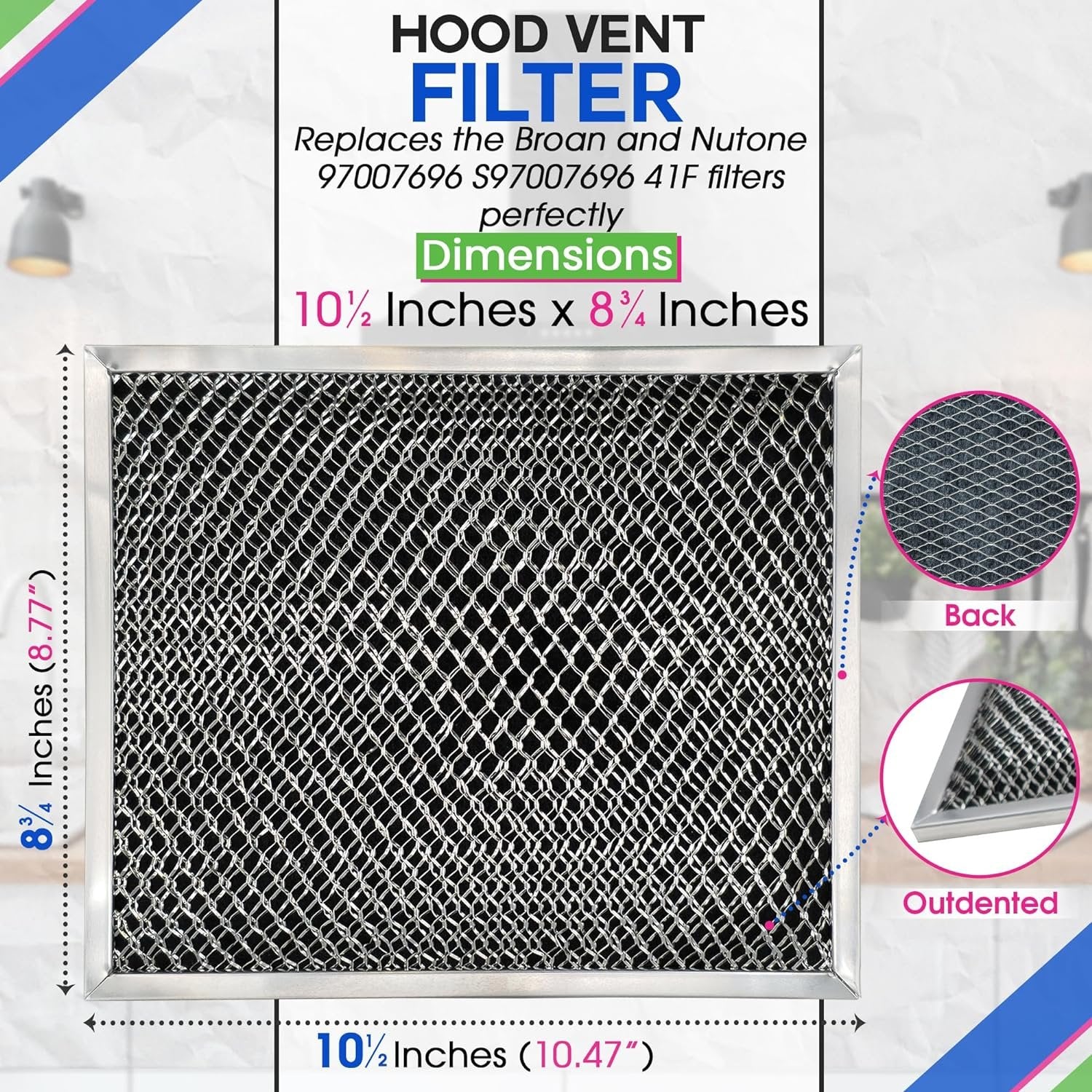Range Hood Filter Replacement 10.5" x 8.8" for 41F 97007696 Broan Charcoal Grease Filter Combo - Ductless Hood Filter - Metal Mesh Screen Filters Grease and Carbon Freshens Kitchen Air