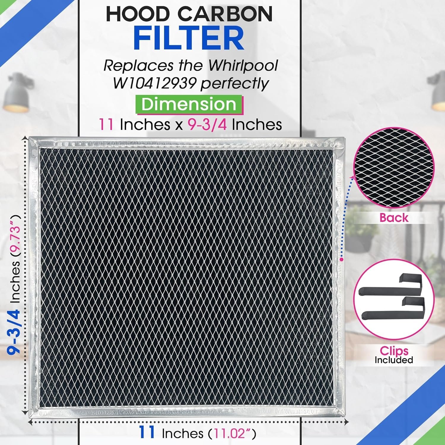 Charcoal Filter Replacement for W10412939 Whirlpool Range Hood Filter 11.02” x 9.73” - Ductless Kitchen Stove Overhead Charcoal Grease Filter Replaces Whirlpool Vent Hood Filter Carbon Filter