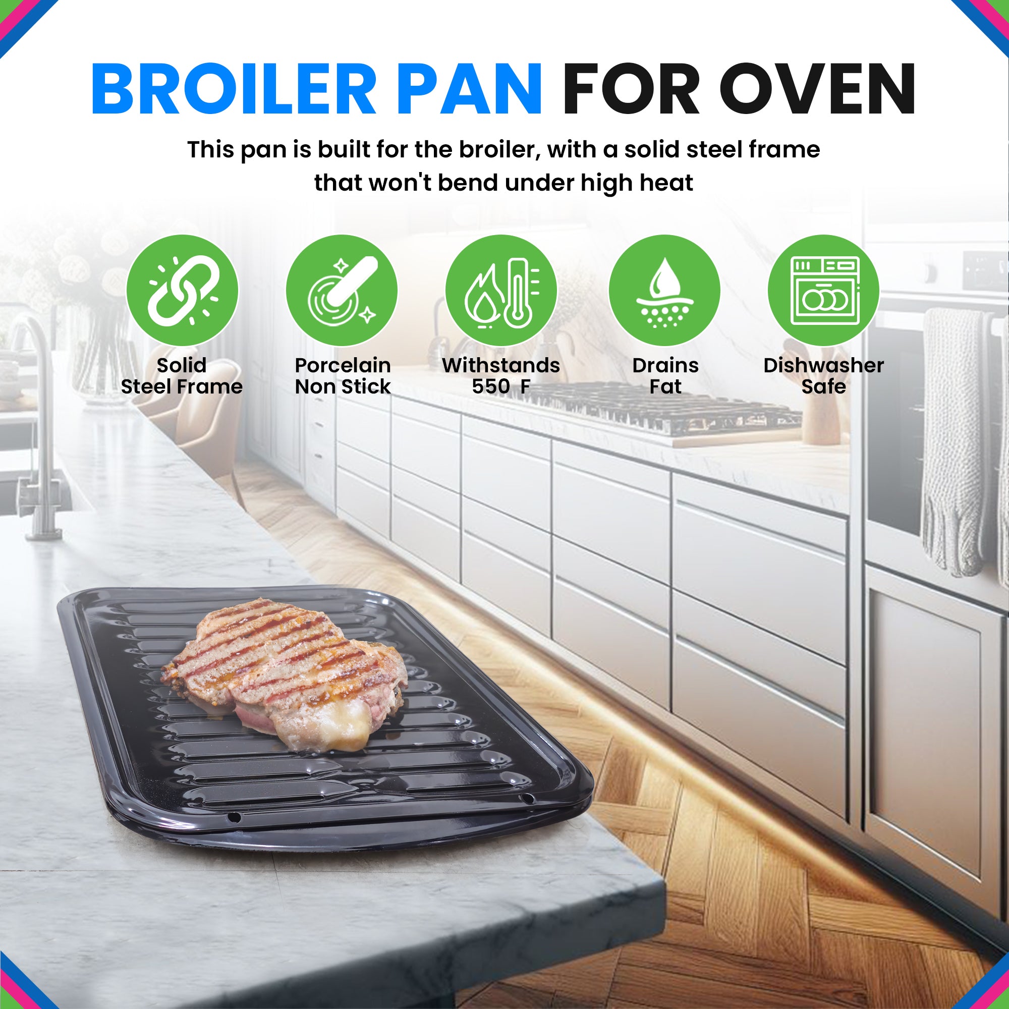 Broiler Pan for Oven Nonstick Porcelain Coated - 16.75” x 12.75” Whirlpool 4396923 Replacement Broiling Pan for Oven With Rack for High-Temperatures - Oven Broiler Pan Heats Evenly and Drains Fat