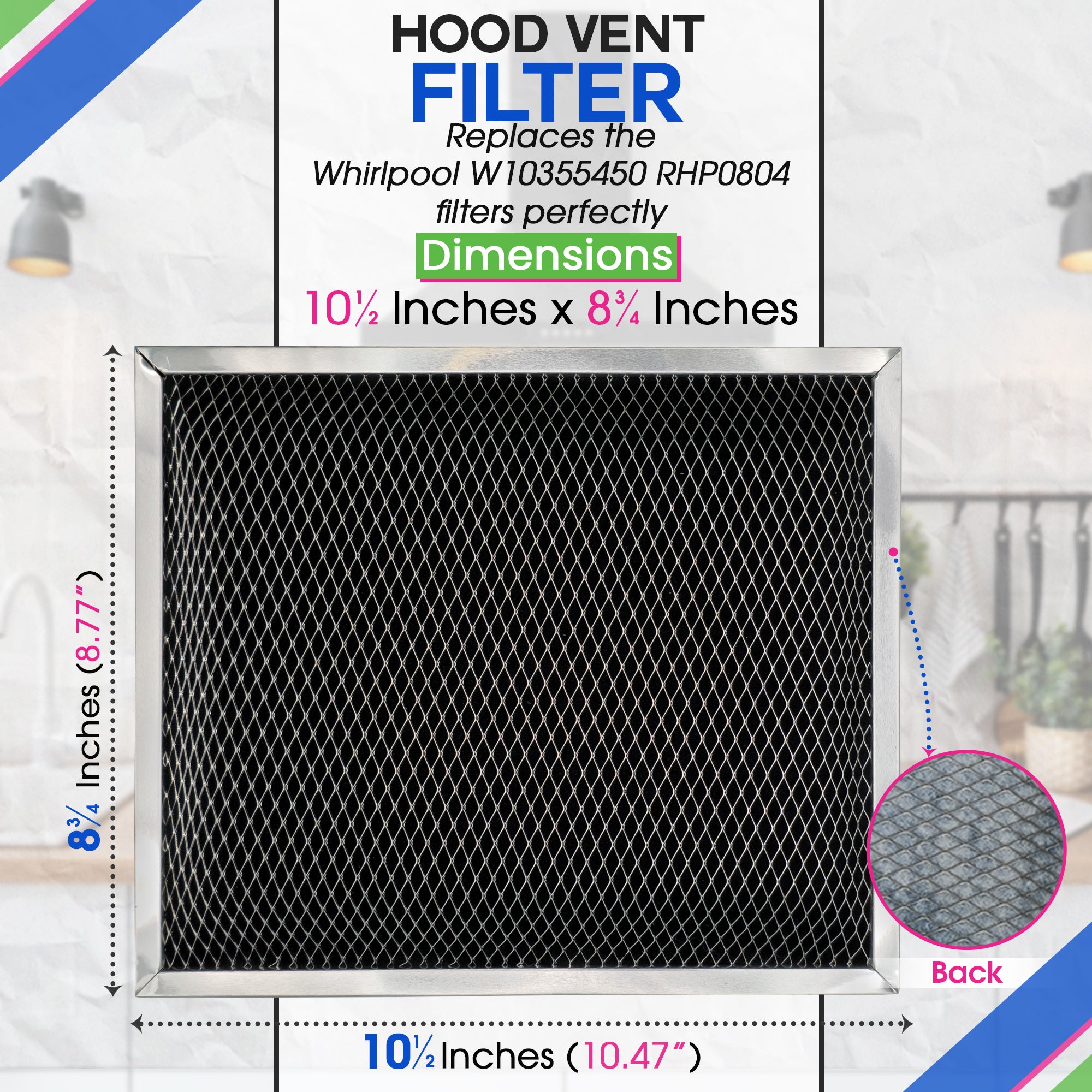 Range Hood Filter Replacement for 8.78” x 10.48” W10355450 Charcoal Whirlpool vent hood filter - Carbon Filter for Exhaust Fan - Filters Kitchen Odors for Ductless Vent Hoods (3 Pack)