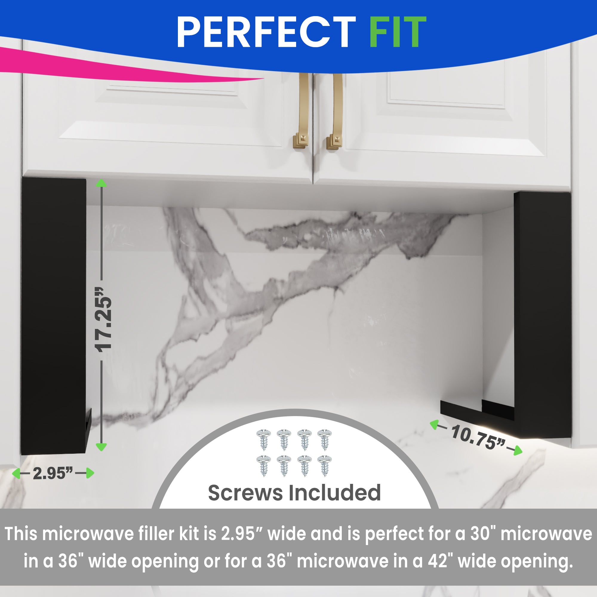 Microwave Filler Kit 2.95”W Black Microwave Trim Kit Replaces Whirlpool W10164739 - Universal Microwave Trim Kit Fits Most Brands - Fills Over The Range Oven Cabinet Gap - 10.75”D x 17.25”H